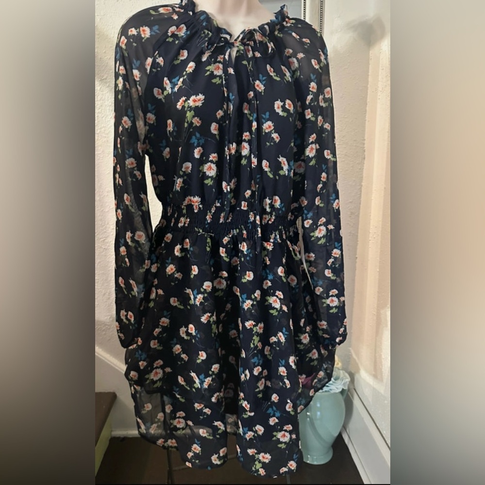 Allegra K Floral V Neck Semi Sheer Long Sleeve Layered Tiered Chiffon Dress NWT